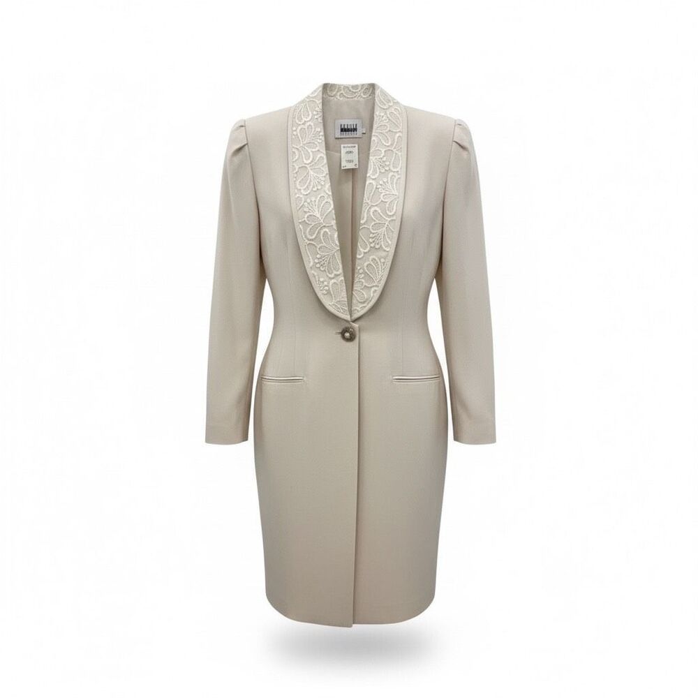 Elegant Women's Cream Long Coat Dress with Embroidered Shawl Collar